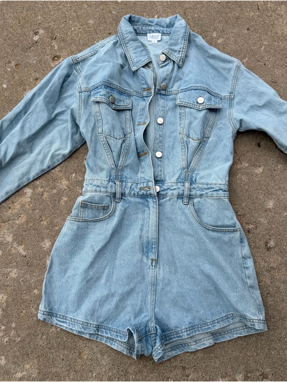 Le Lis Light Wash Long Sleeve Denim Utility Romper Playsuit Size M